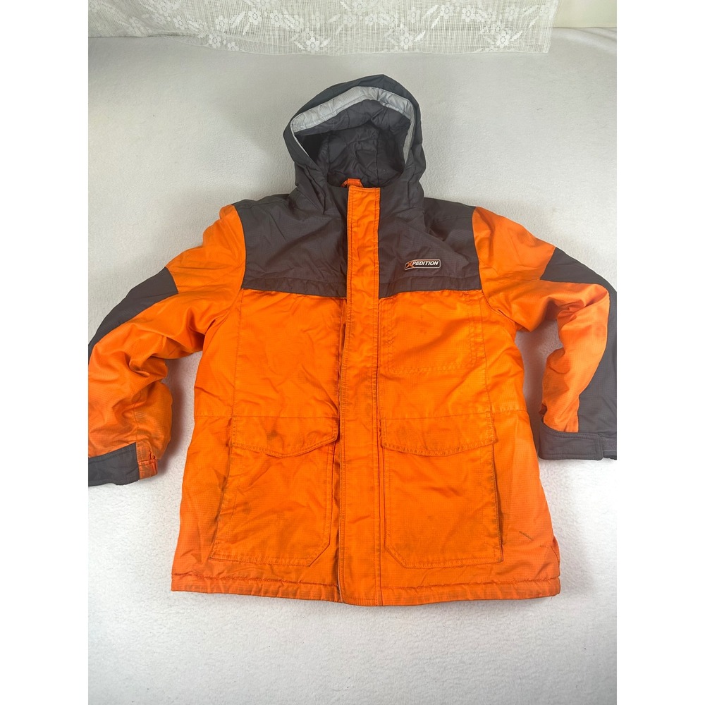 Mountain Xpedition Winter Jacket Kids L 10/12 Orange Gray Parka Hooded Snow Coat